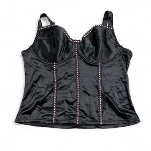 Y2K Delta Burke Corset-Style Lingerie Top, Black Satin with Pink Stitching, Size